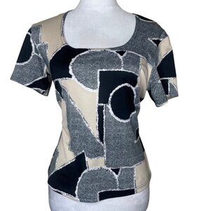 Creative Design Works Vintage Abstract Short Sleeve Square Neck Top Blouse Large